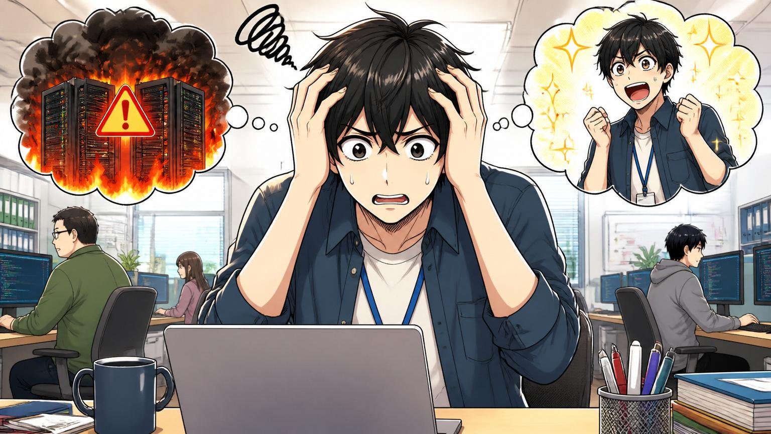 やばいの2つの意味を考えるエンジニア、IT企業のオフィスで一人が頭を抱えて悩む表情