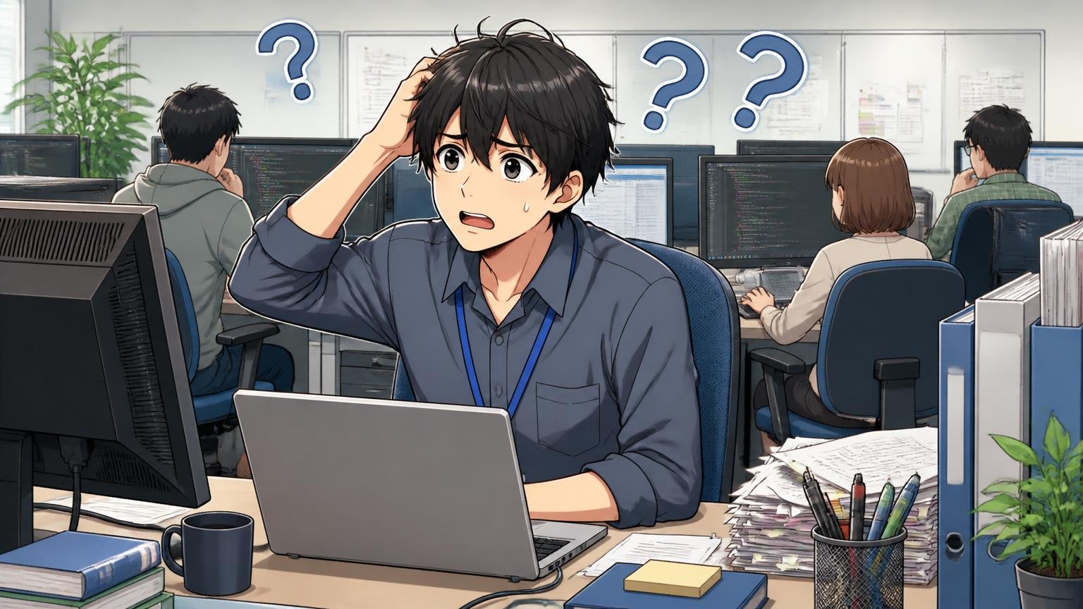 「やばい」の正体は人によってバラバラ。SIerの開発現場で頭上に複数のはてなマークを浮かべ困惑する20代男性エンジニア1人
