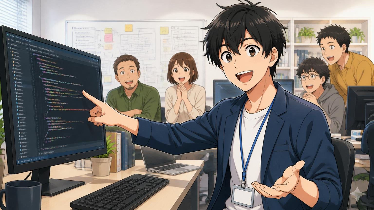 HRソリューションズはどんな会社か。IT企業のオフィスで開発画面を指し示す男性エンジニア1人が説明する様子