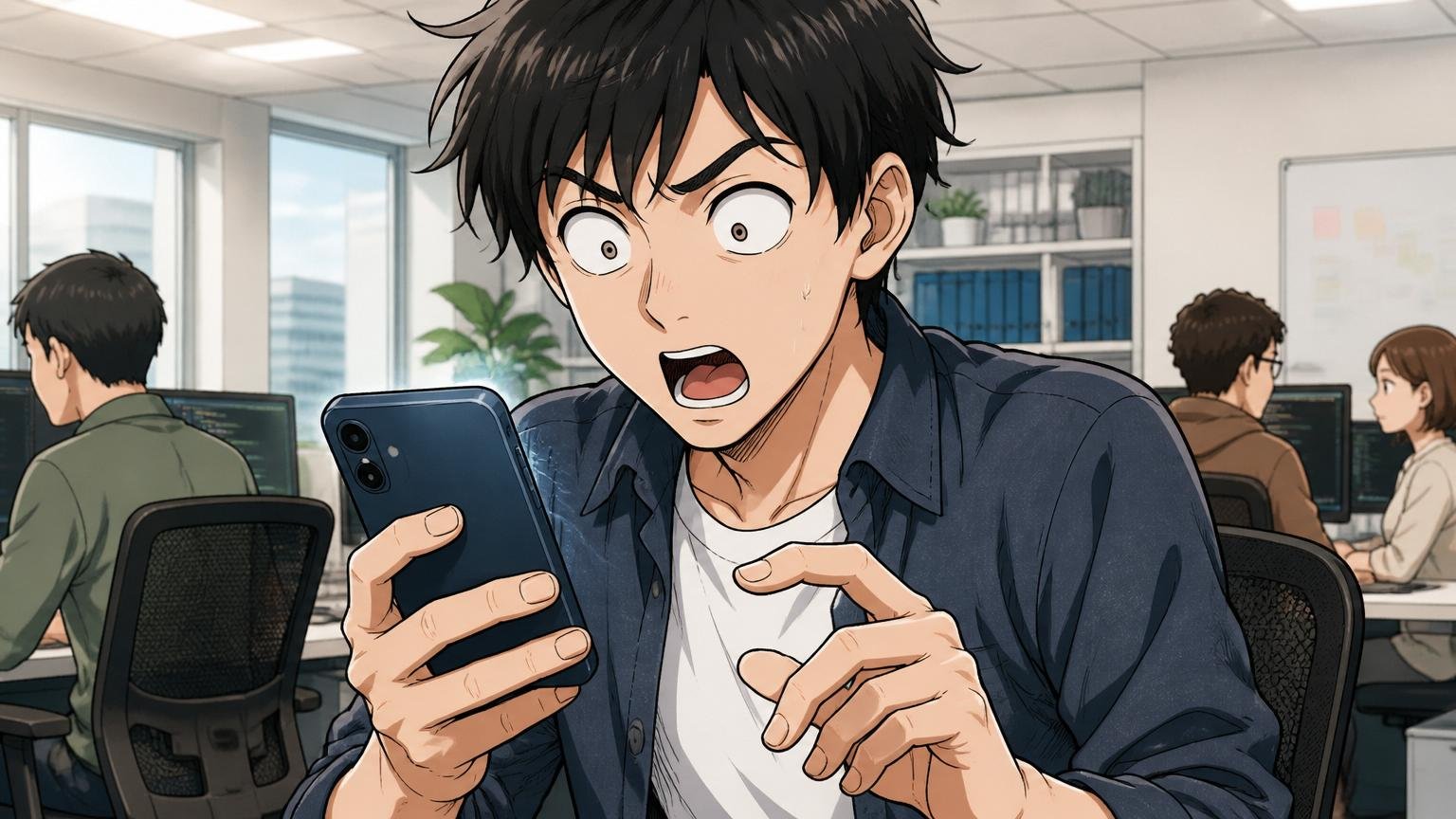 そもそも「やばい」には2つの意味がある。企業のオフィスでスマホを見て驚く20代男性エンジニア1人、目を見開く表情