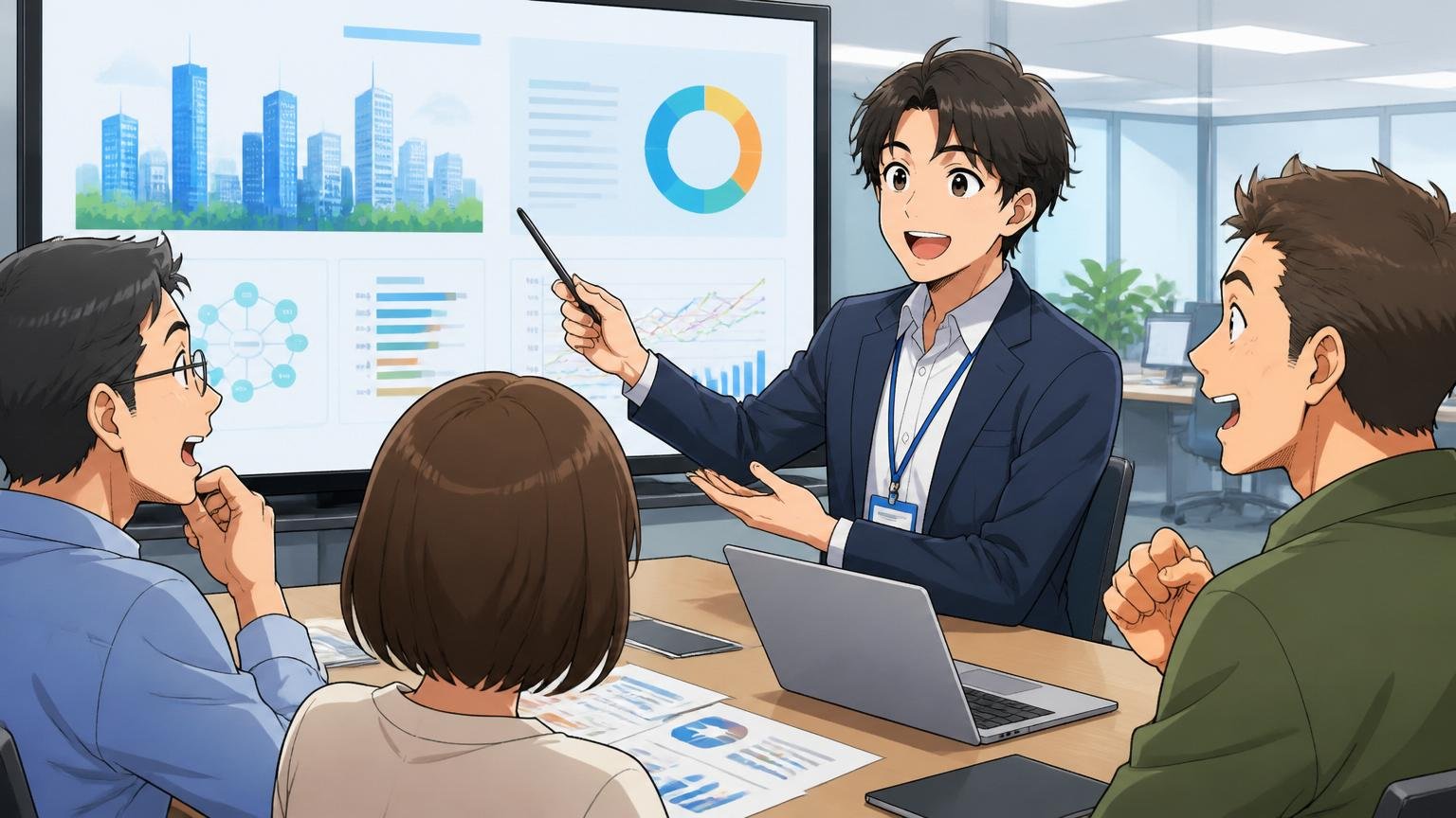 IDホールディングスはどんな会社か。SIerのオフィスで男性社員が会社概要の資料を指し示し落ち着いて説明する