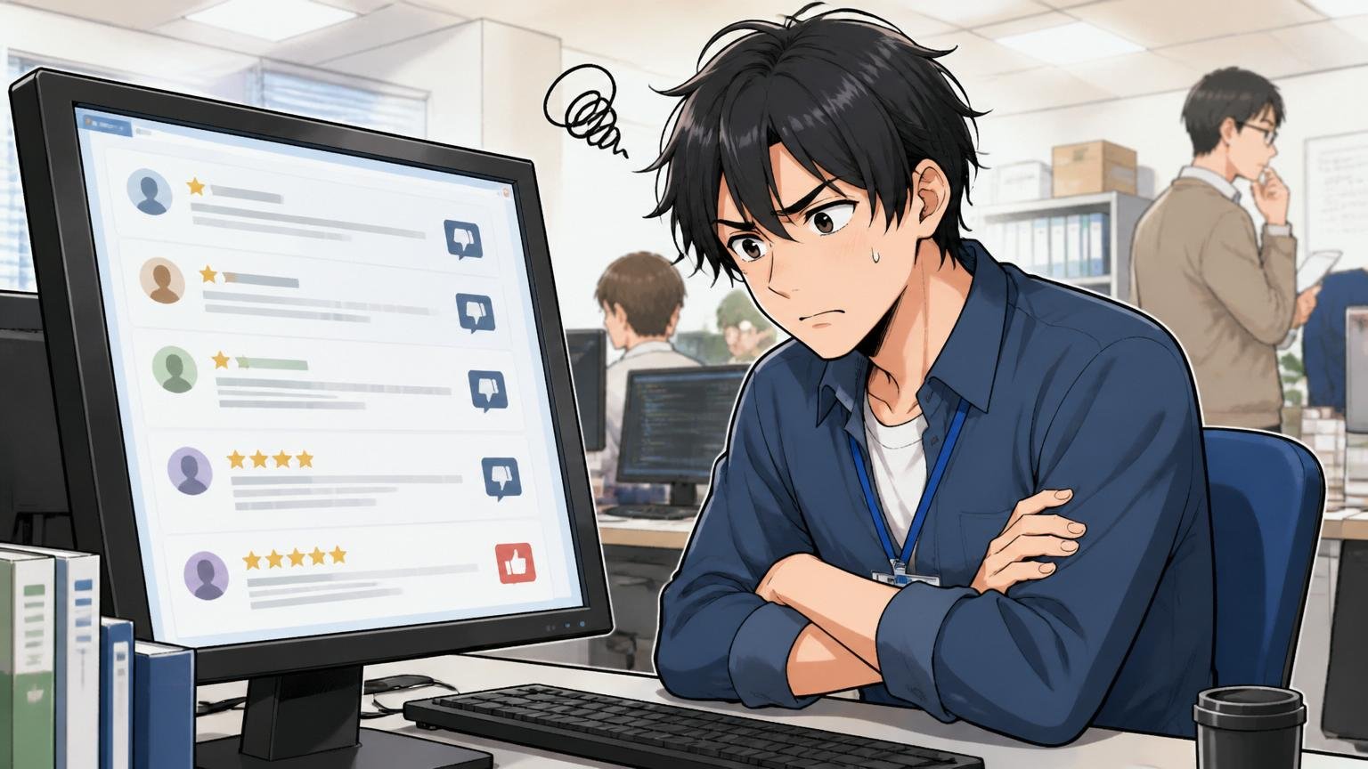 SIerのオフィスでPC画面の評判を見て腕を組み困惑する男性エンジニア1人
