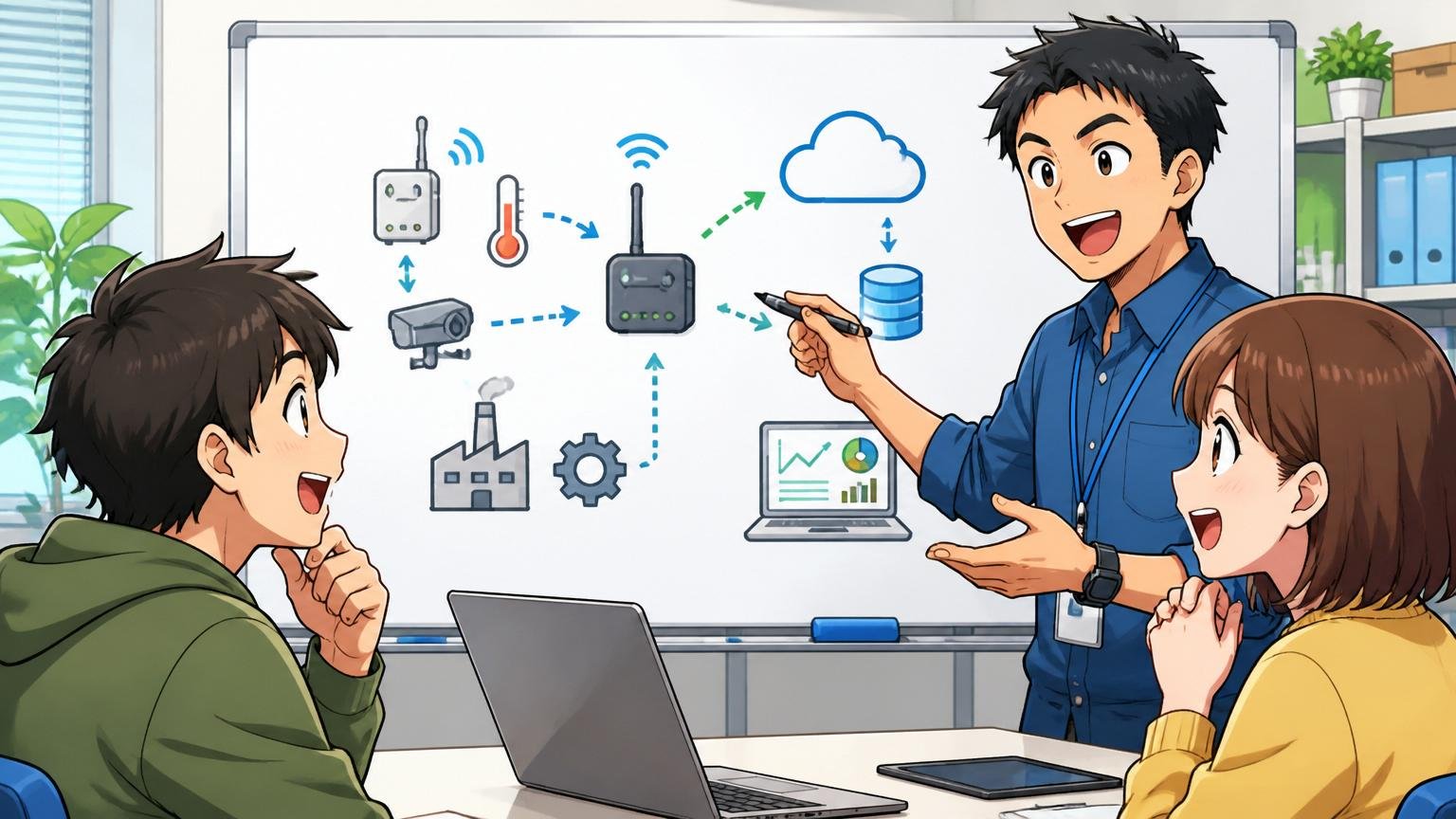 事業内容をやさしく解説 SIerの開発現場で先輩エンジニアが2人にIoTの仕組みを図で説明し笑顔