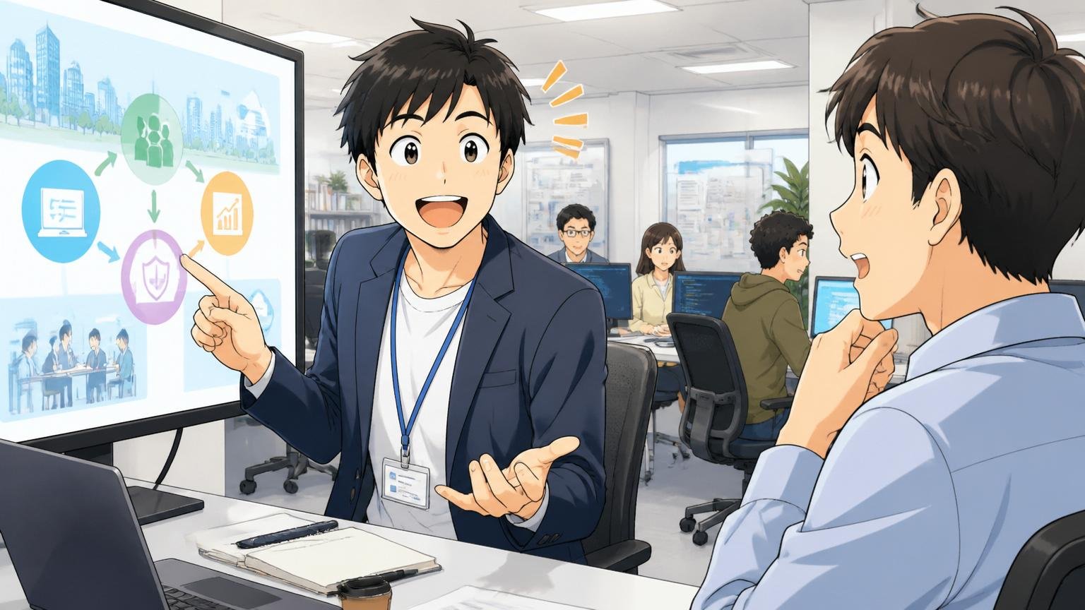 NCD株式会社とはどんな会社か。SIerのオフィスで先輩エンジニアが会社概要を新人に説明する