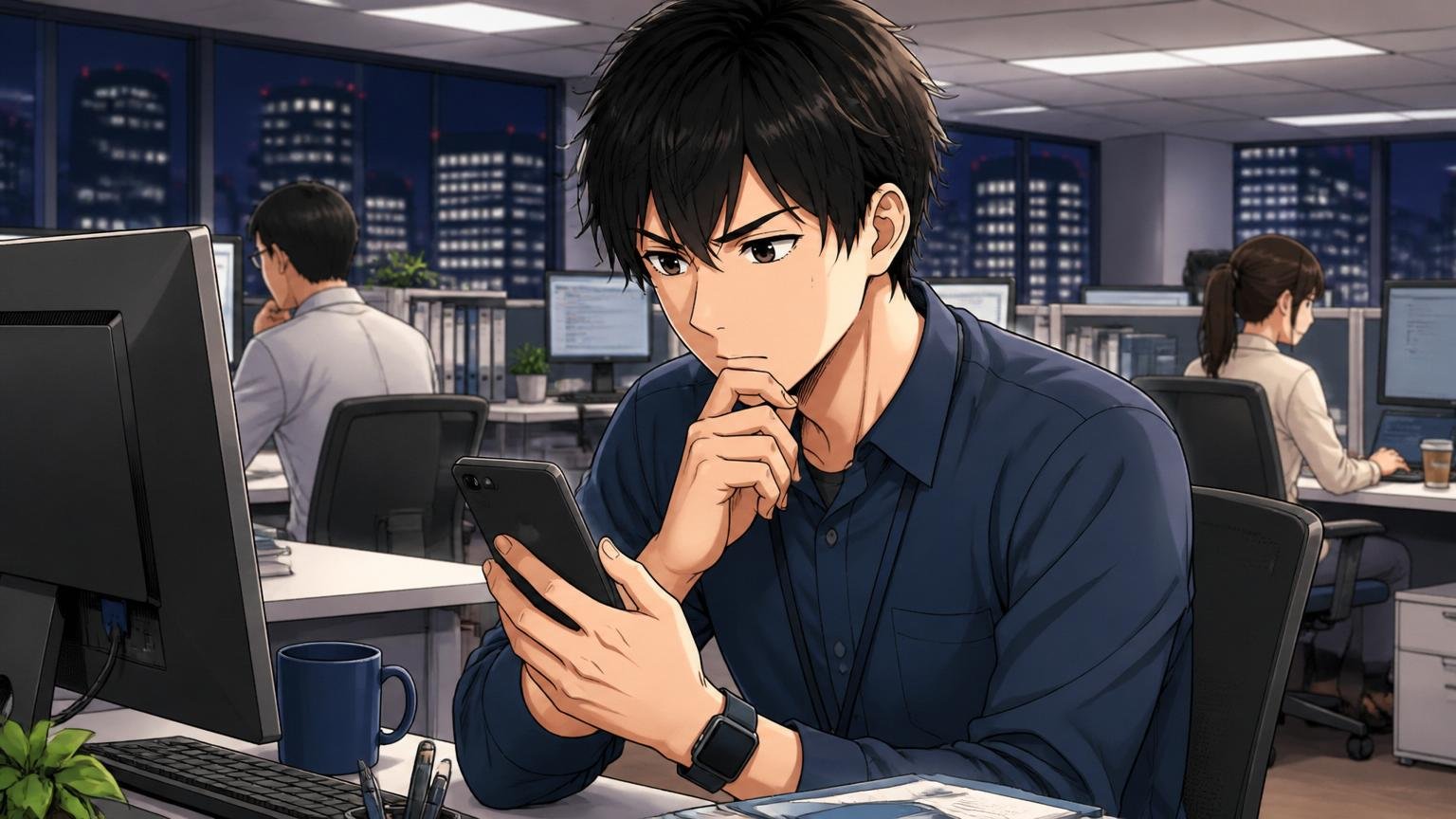 日立ソリューションズの口コミを夜のオフィスで真剣にスマホで読み込む20代後半男性ITエンジニア1人