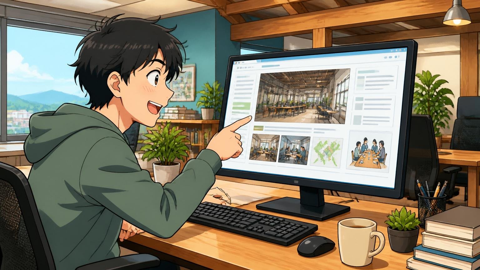 そもそも株式会社LASSICとはどんな会社か。鳥取のリノベーションオフィスでエンジニアがPC画面の会社情報を指さし確認する