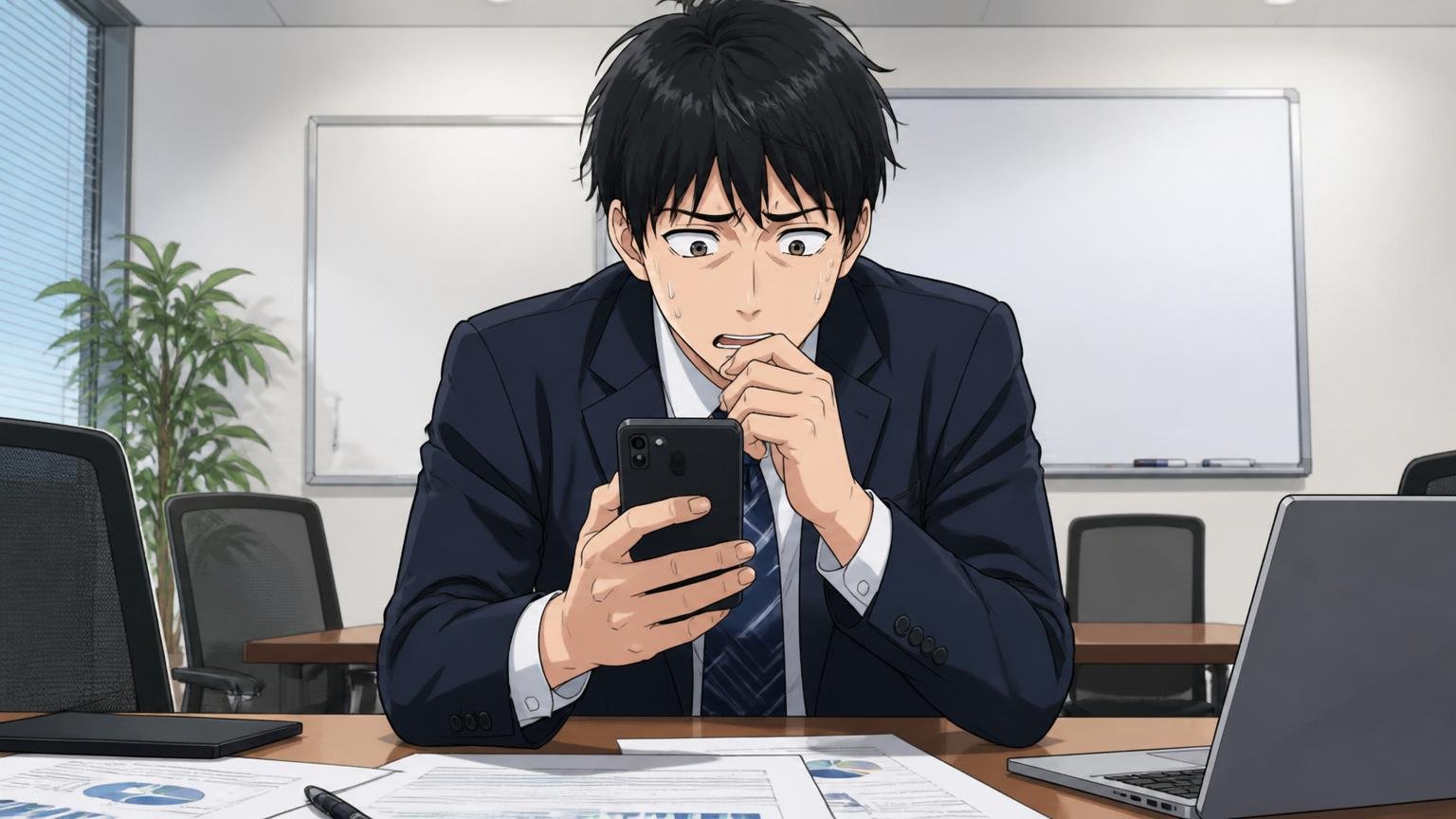 「やばい」には2つの意味がある、企業の会議室でスマホを見て不安げな20代男性1人