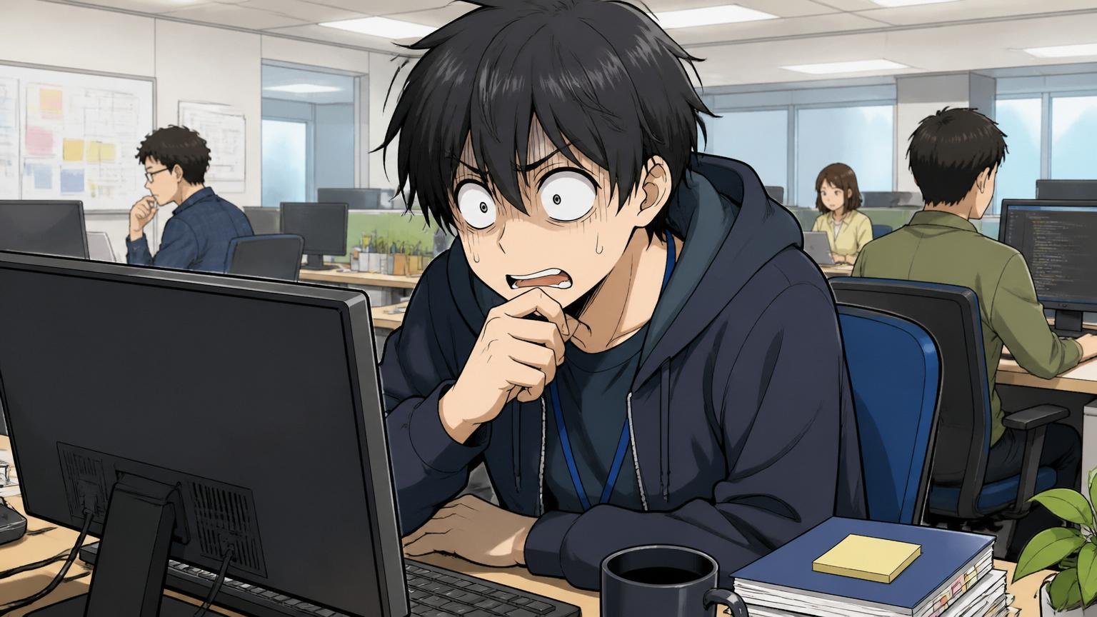 「やばい」には2種類ある。IT企業のオフィスで若手エンジニア1人がPC画面の口コミを見て困惑する表情