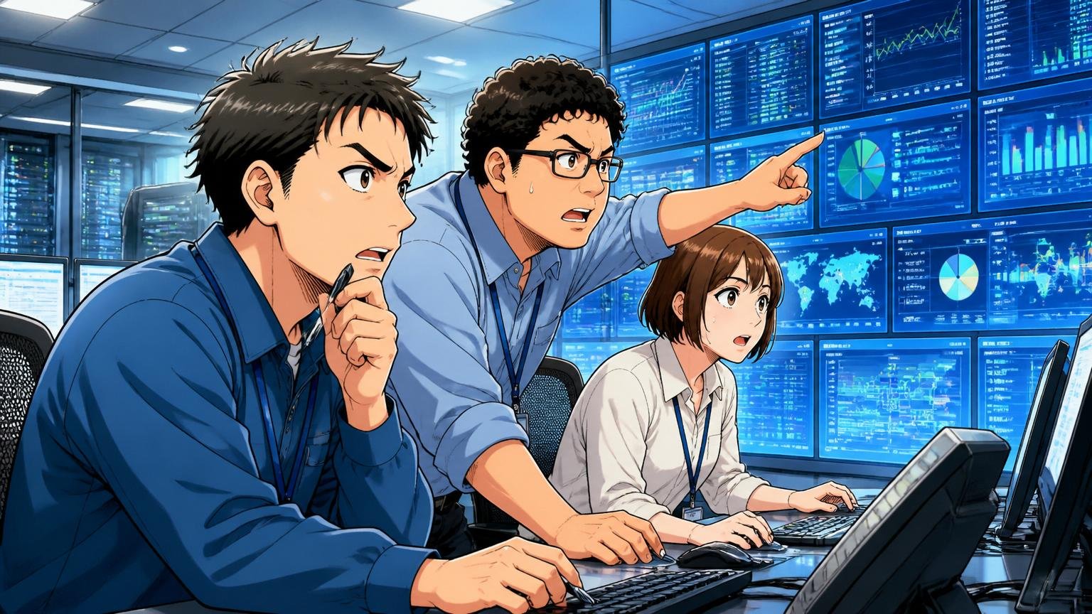 NTTデータSMSとはどんな会社か。データセンターの監視室で大規模システムを見守る運用エンジニア3人が真剣な表情