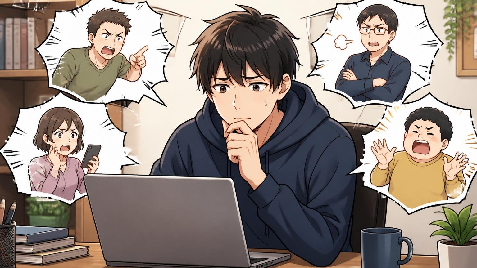 ネットの口コミを鵜呑みにしない｜自宅のデスクでノートPCを見て不安げな20代男性エンジニア1人