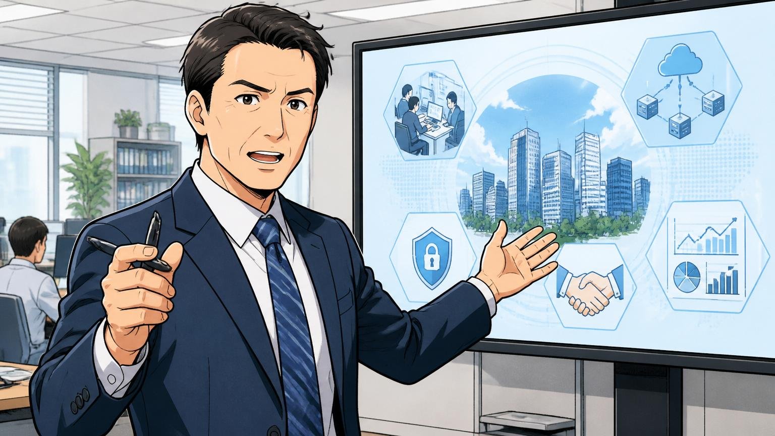 NSW株式会社とはどんな会社か SIerのオフィスで会社概要を説明する40代男性社員1人 真剣な表情