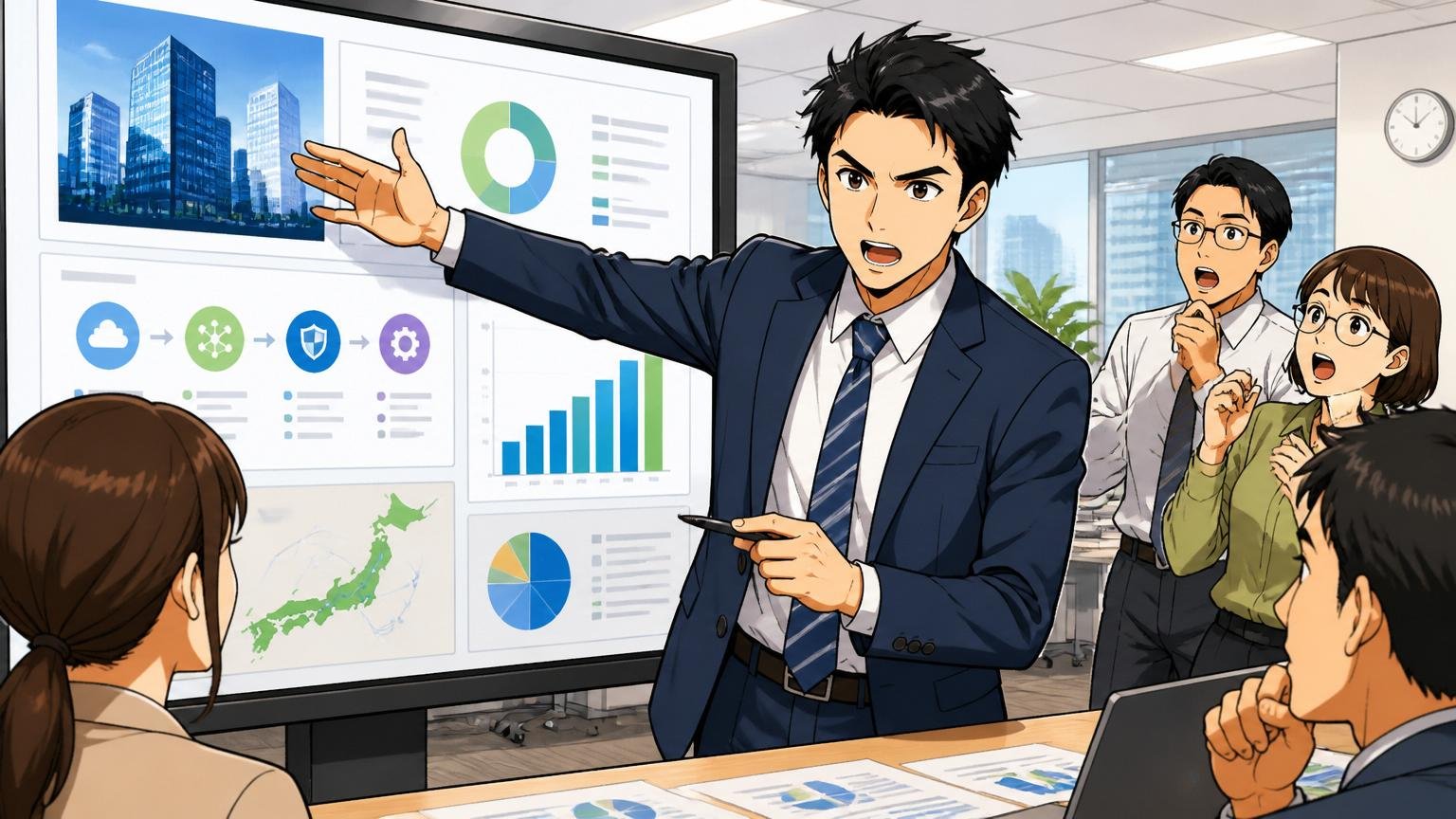 株式会社SHINKOの事業と規模を解説、SIerのオフィスで男性社員が会社資料を指し示し説明する真剣な表情