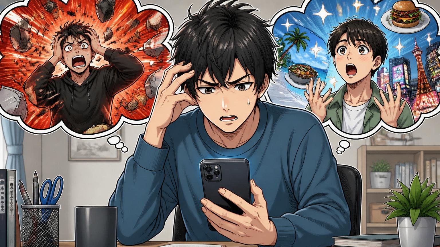 そもそも「やばい」検索には2つの意味が混ざっている。自宅のデスクでスマホ検索する20代男性が眉をひそめて困惑