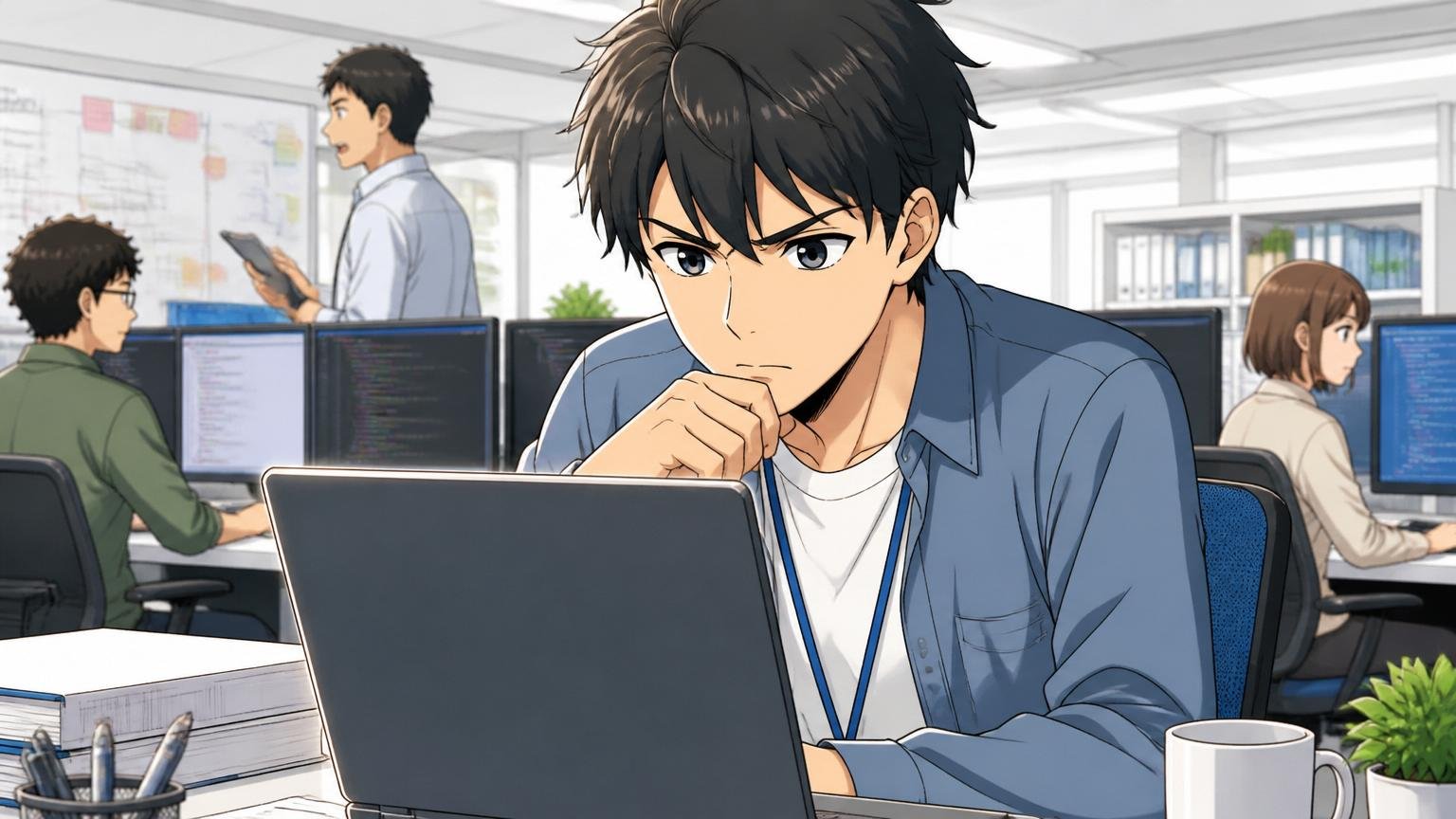 PCIソリューションズの会社概要を調べる。SIerのオフィスで会社情報をPCで確認する20代エンジニアが真剣な表情