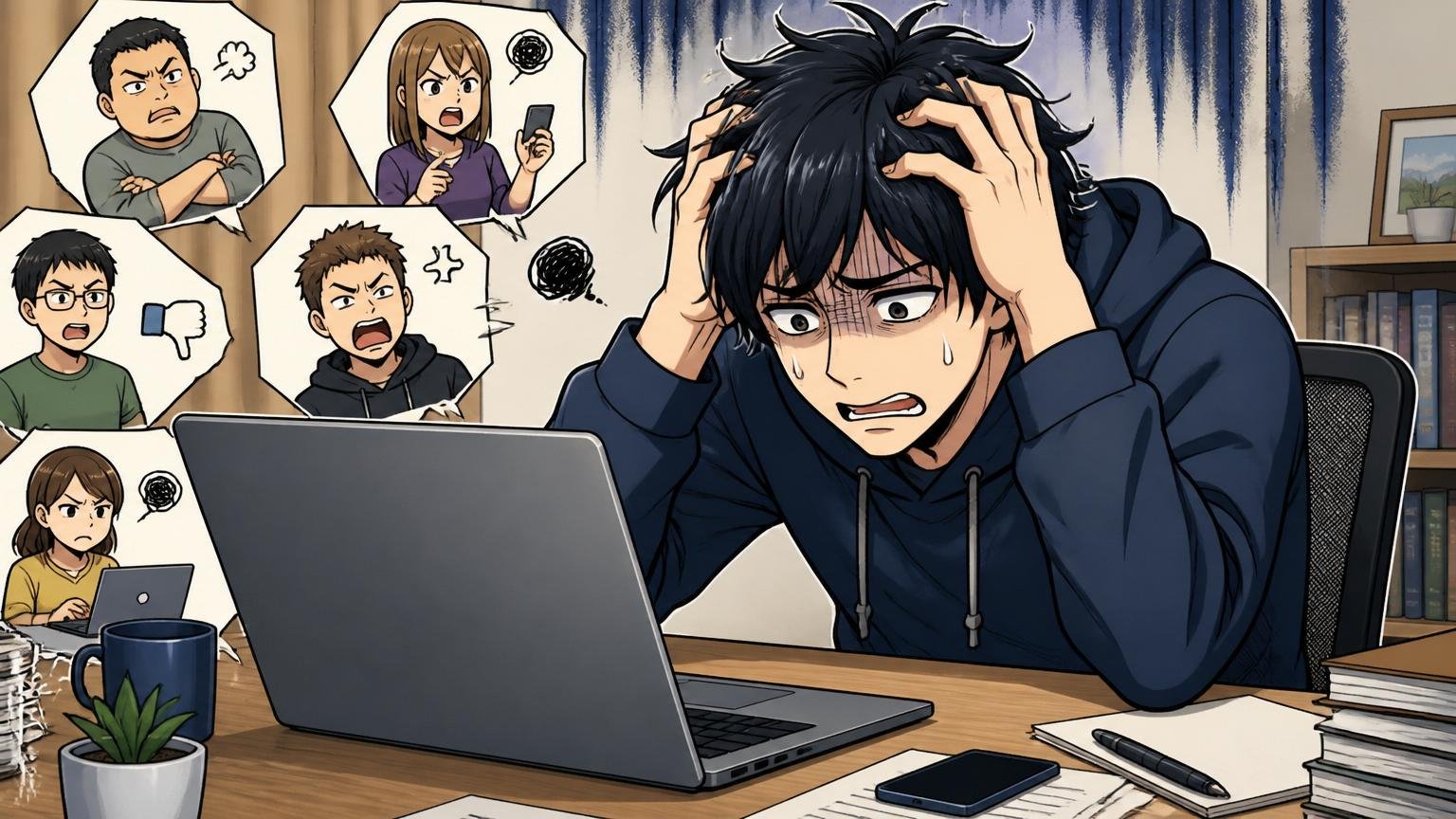 ネガティブなやばいの不安、自宅のデスクで在宅勤務のITエンジニア男性が暗い表情でノートPCの口コミを見て頭を抱える