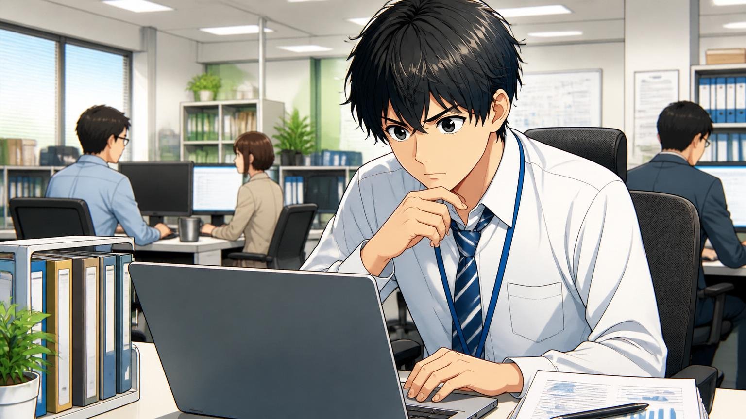 SI&Cの会社概要を調べる場面。SIerのオフィスで20代男性社員1人がPCで企業情報を真剣に確認する様子