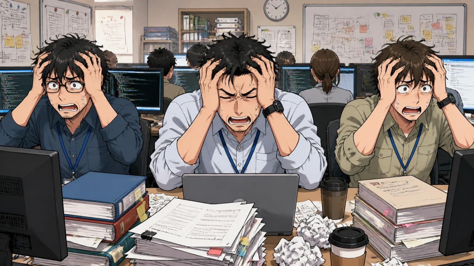 ネガ寄りの「やばい」3パターン｜SIerの開発現場で頭を抱える3名の中堅エンジニアが残業疲弊の表情