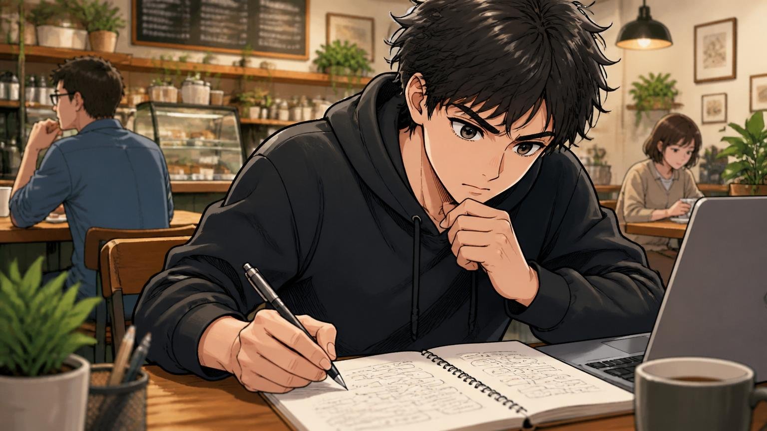 動機の整理|カフェで自分の検索動機をノートに書き出す20代エンジニア1人、真剣な表情で見つめる
