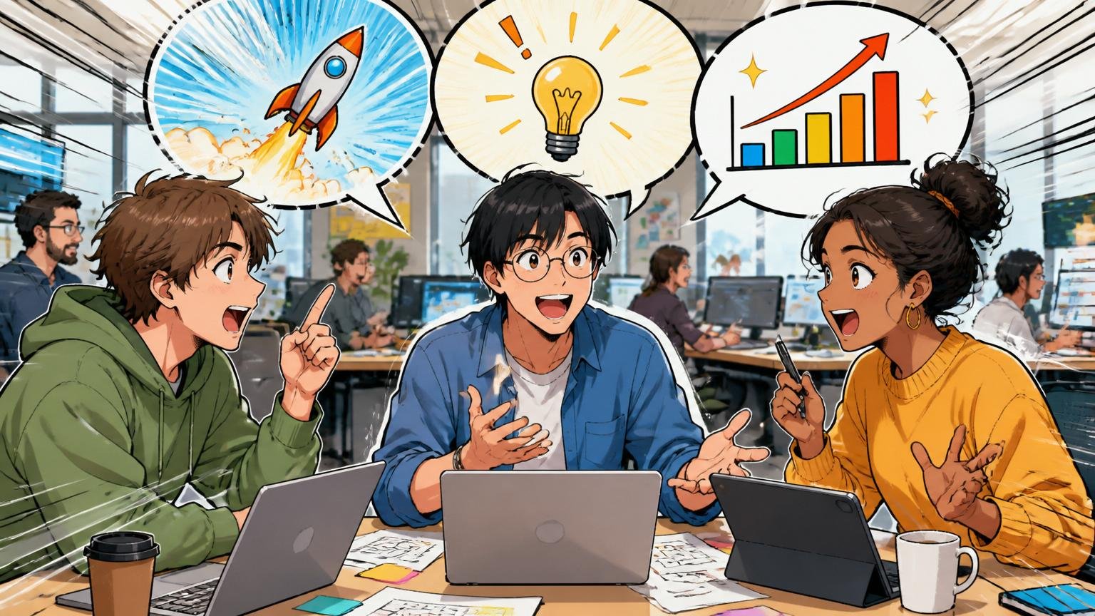 ポジティブな"やばい"の3要素を示すWeb系メガベンチャーのオフィスで20代エンジニア3名が国際チームで活発に議論する様子