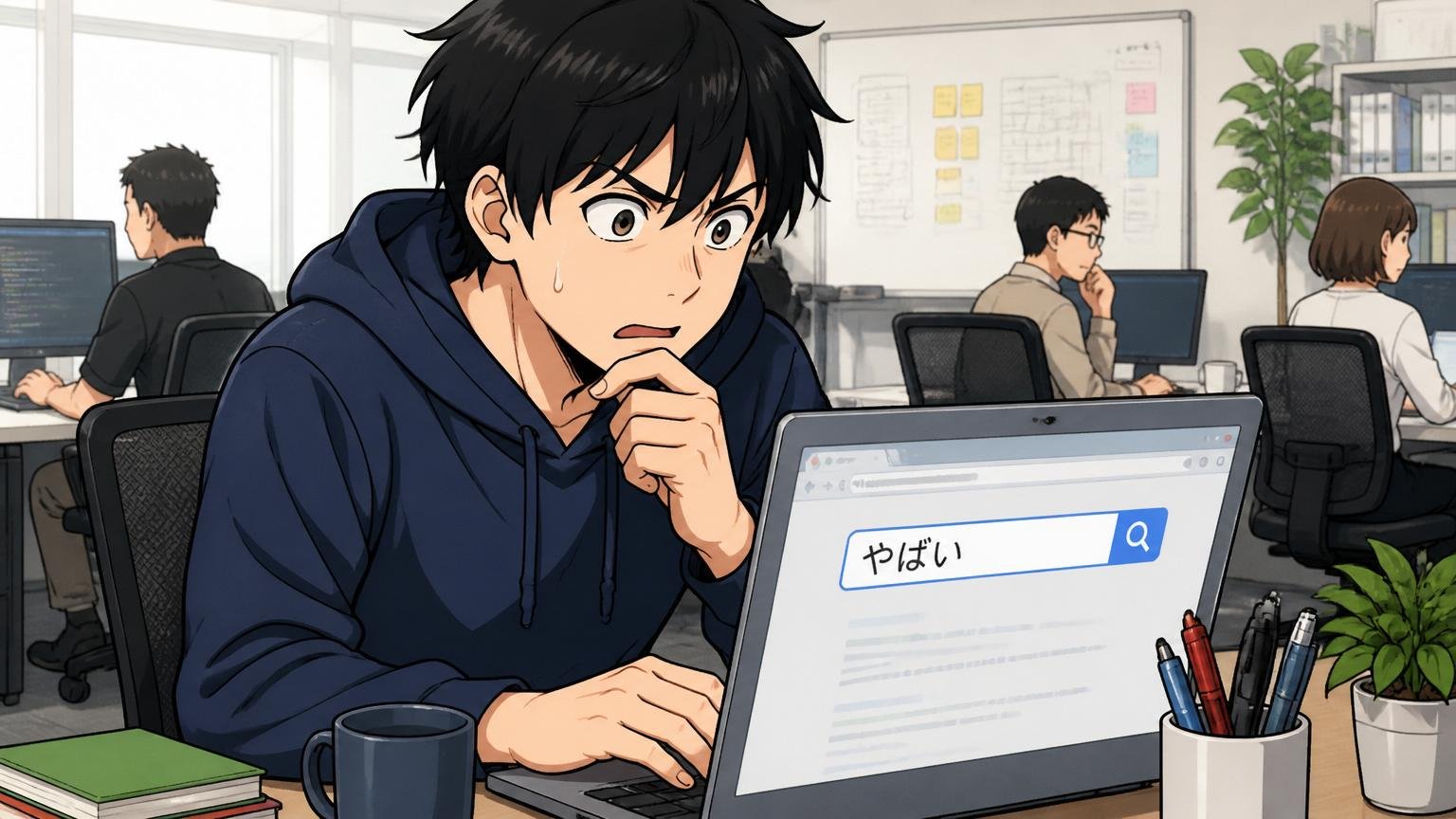 Web系スタートアップのオフィスで20代男性エンジニアがノートPCを前に検索画面に映る「やばい」を真剣に見つめる