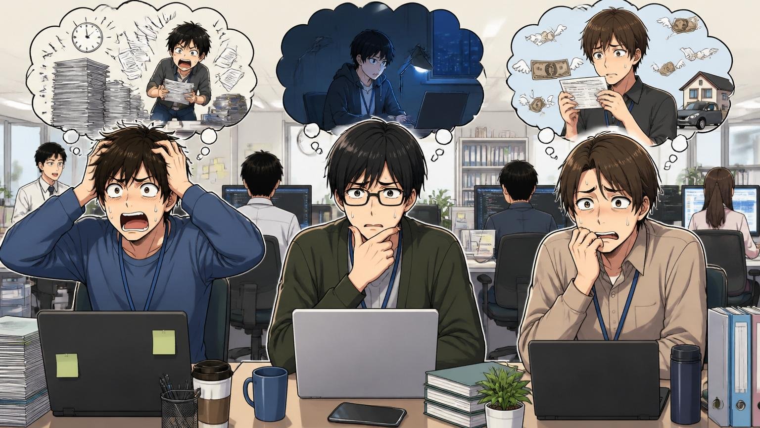 ALHやばいと検索する人の3パターンを示すSESオフィスで悩むエンジニア3人の姿