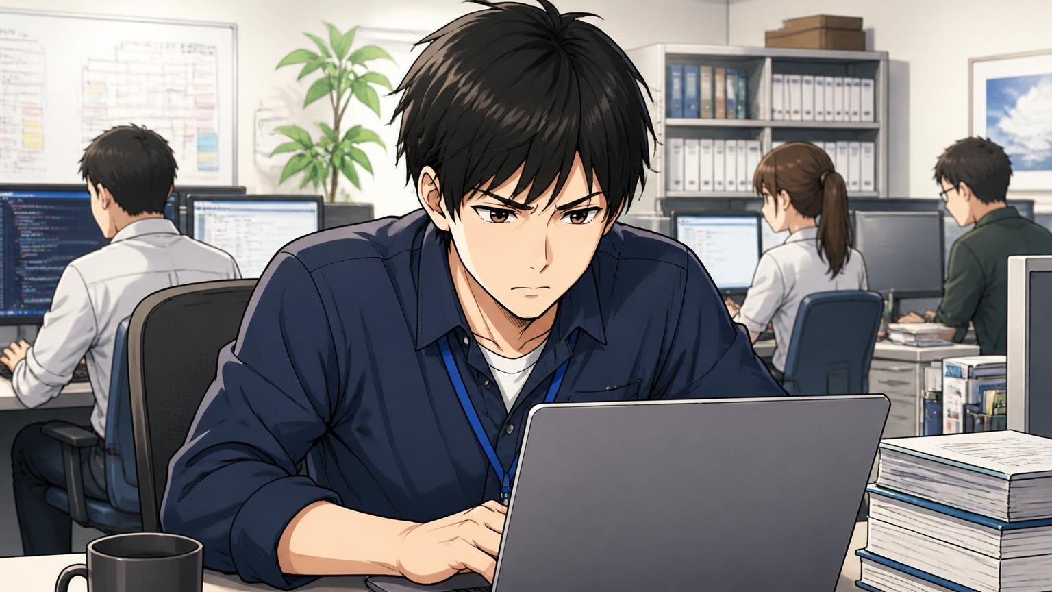 SIerのオフィスで真剣な表情でノートPCを覗き込む20代後半男性エンジニア1人