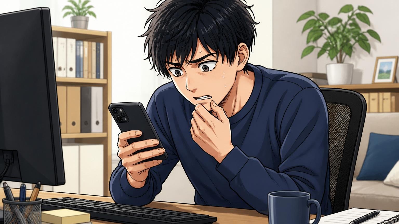 スマホでVISIONARY JAPANやばいと検索するエンジニア、自宅のデスクで在宅勤務、20代男性1人、不安そうな表情