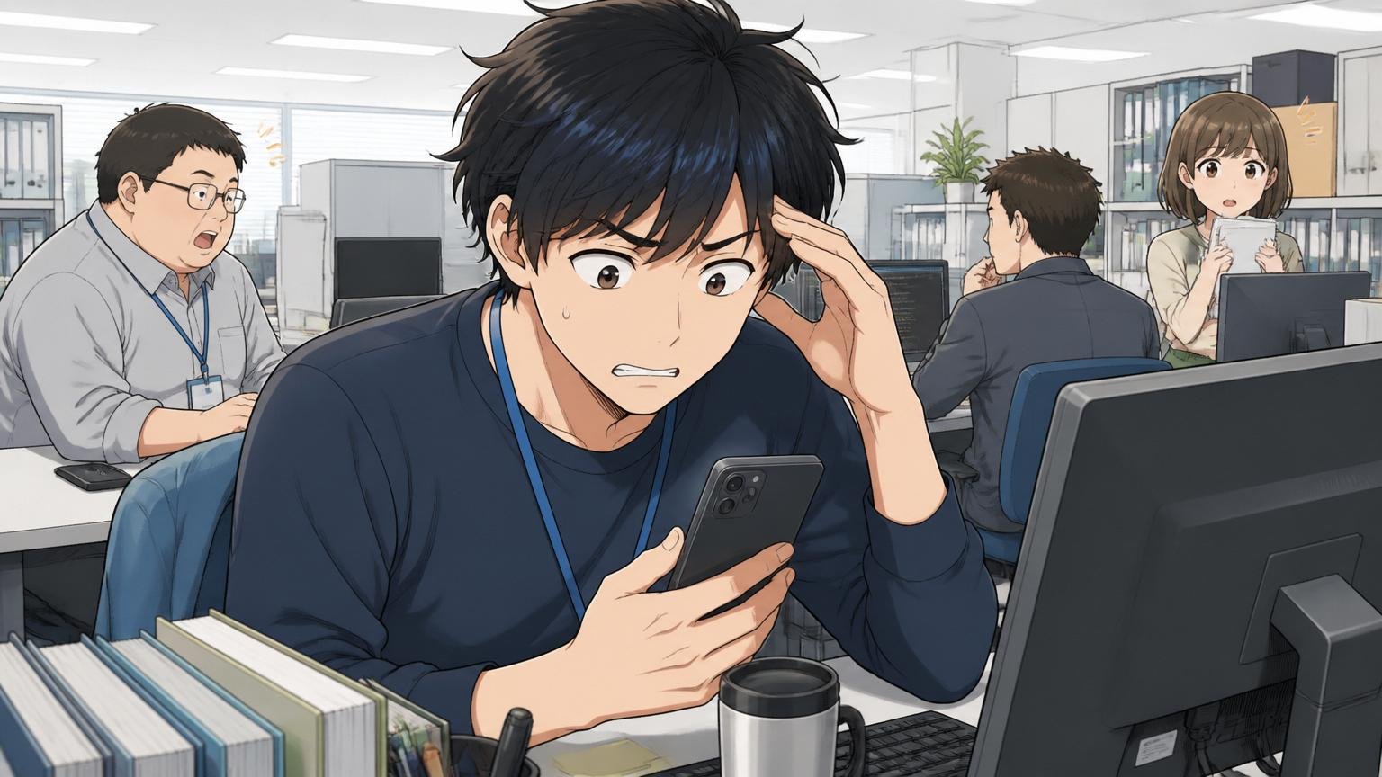 「やばい」の正体は感情の合言葉/SIerのオフィスのデスク前で20代男性エンジニアがスマホ画面を見て眉をひそめる