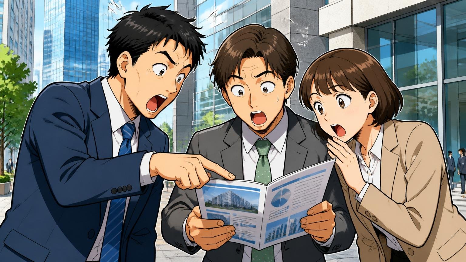 丸の内のビル前で会社案内資料を確認する3人のビジネスパーソンが指差し確認しながら驚いた表情を浮かべている