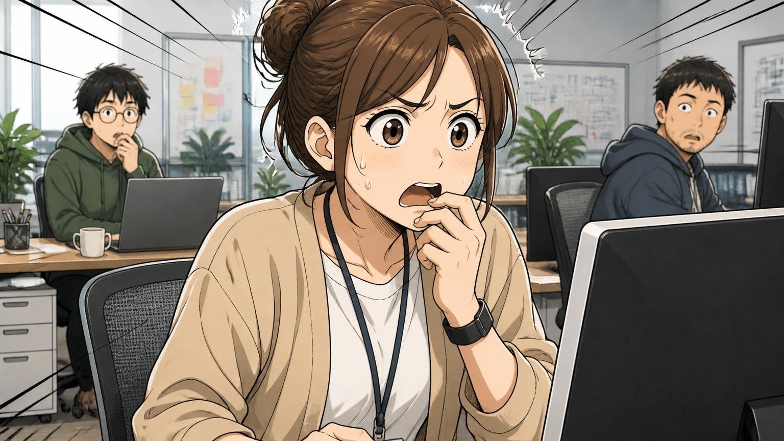 「やばい」には2つの意味がある(ネガとポジ)。Web系スタートアップのオフィスで30代女性エンジニア1人が、PC画面を見て驚きと困惑の混じった表情