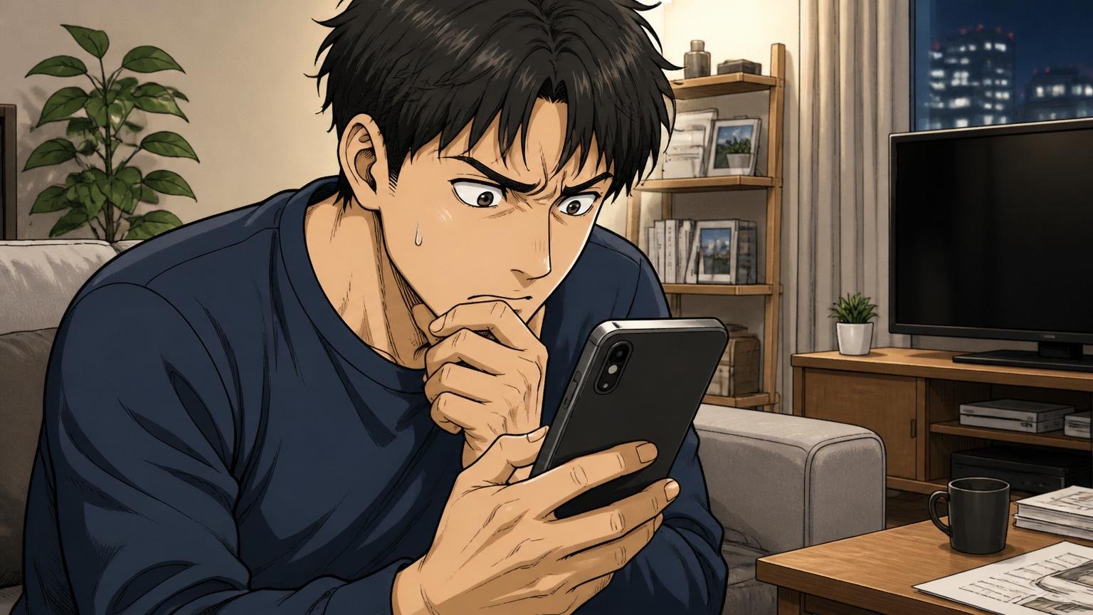 スマホで会社名とやばいを検索する20代後半男性が深夜のリビングで眉をひそめている表情