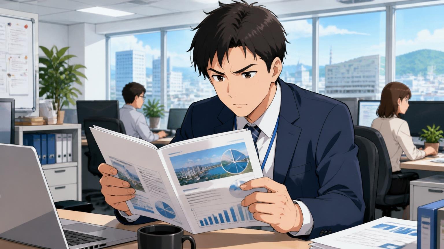 上場・グループ・売上規模 北九州本社のIT企業のオフィスで会社概要資料を確認する中堅社員1人、真剣な表情