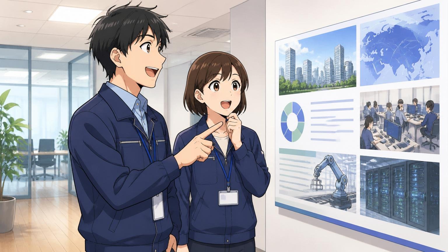 東京都品川区にあるアイ・エス・ビーの本社オフィスで企業概要パネルを見る男女のエンジニア2名