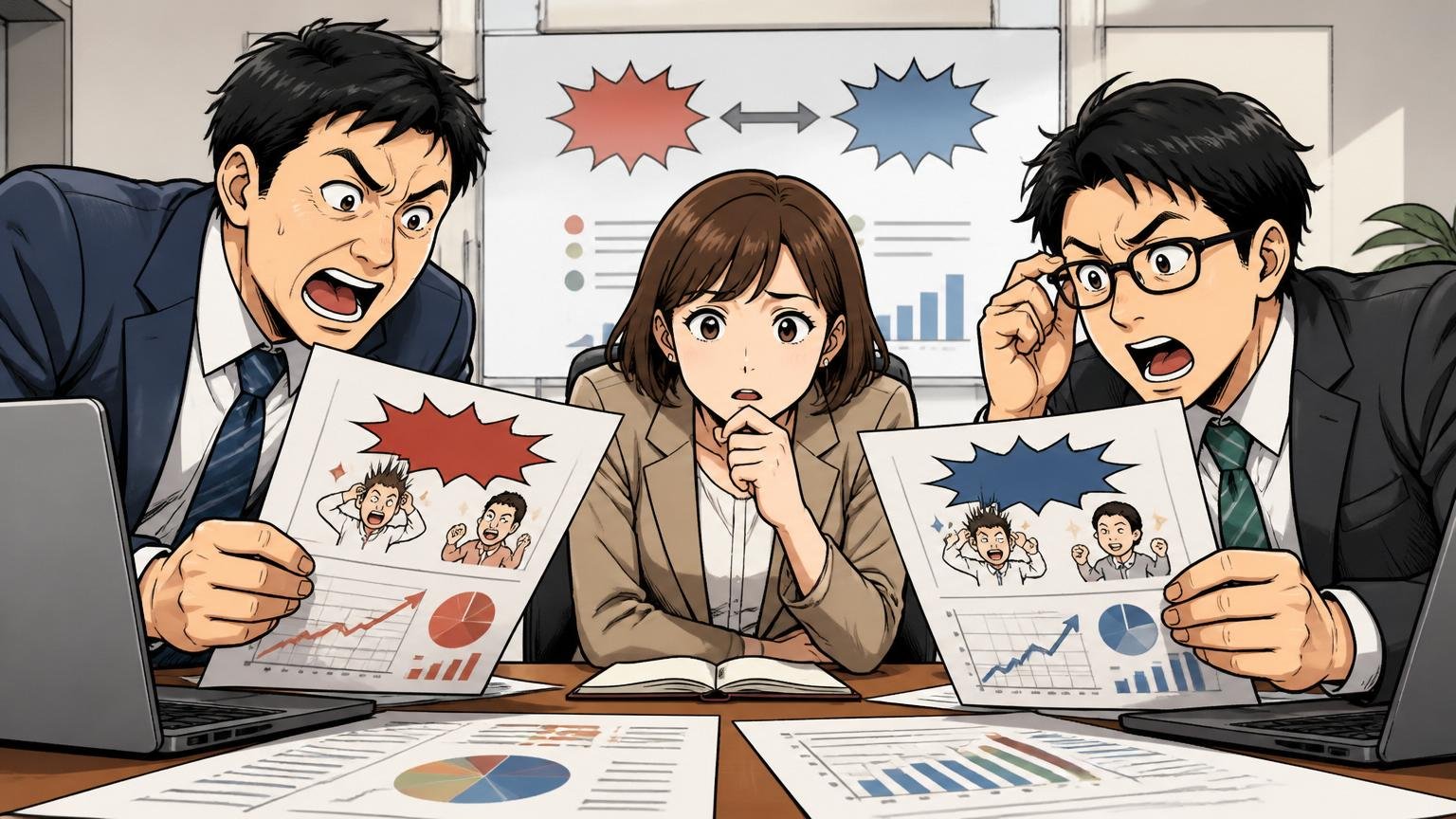 「やばい」が示す2つの意味を比較する企業の会議室で、20代から40代の男女3人が真剣に資料を見比べている