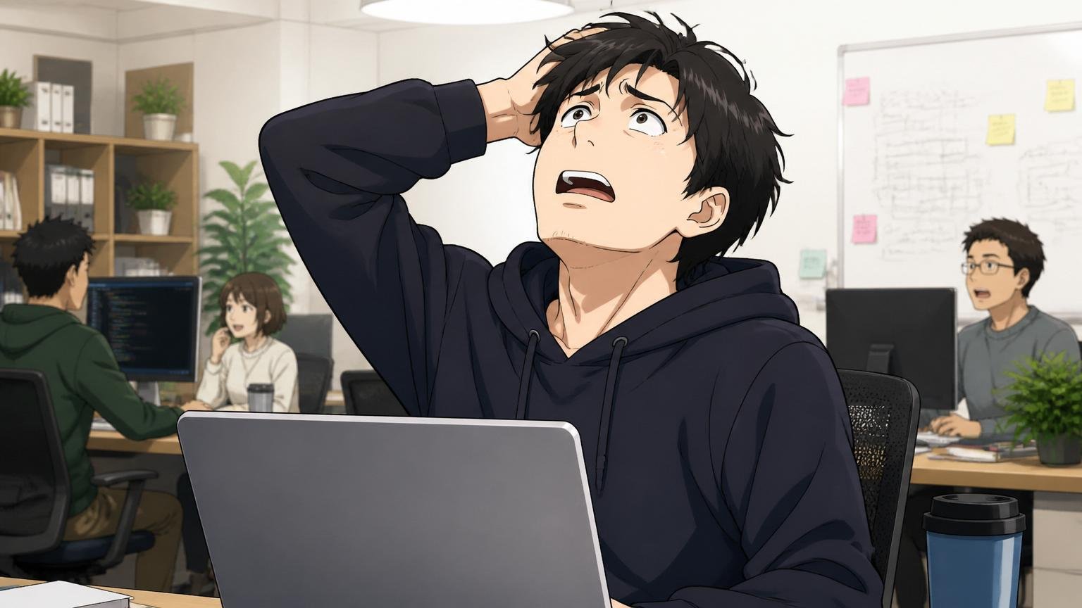 Web系スタートアップのオフィスで、転職候補としてW2を知った30代男性エンジニア1人がノートPCを見ながら困惑した表情で天を仰ぐ場面