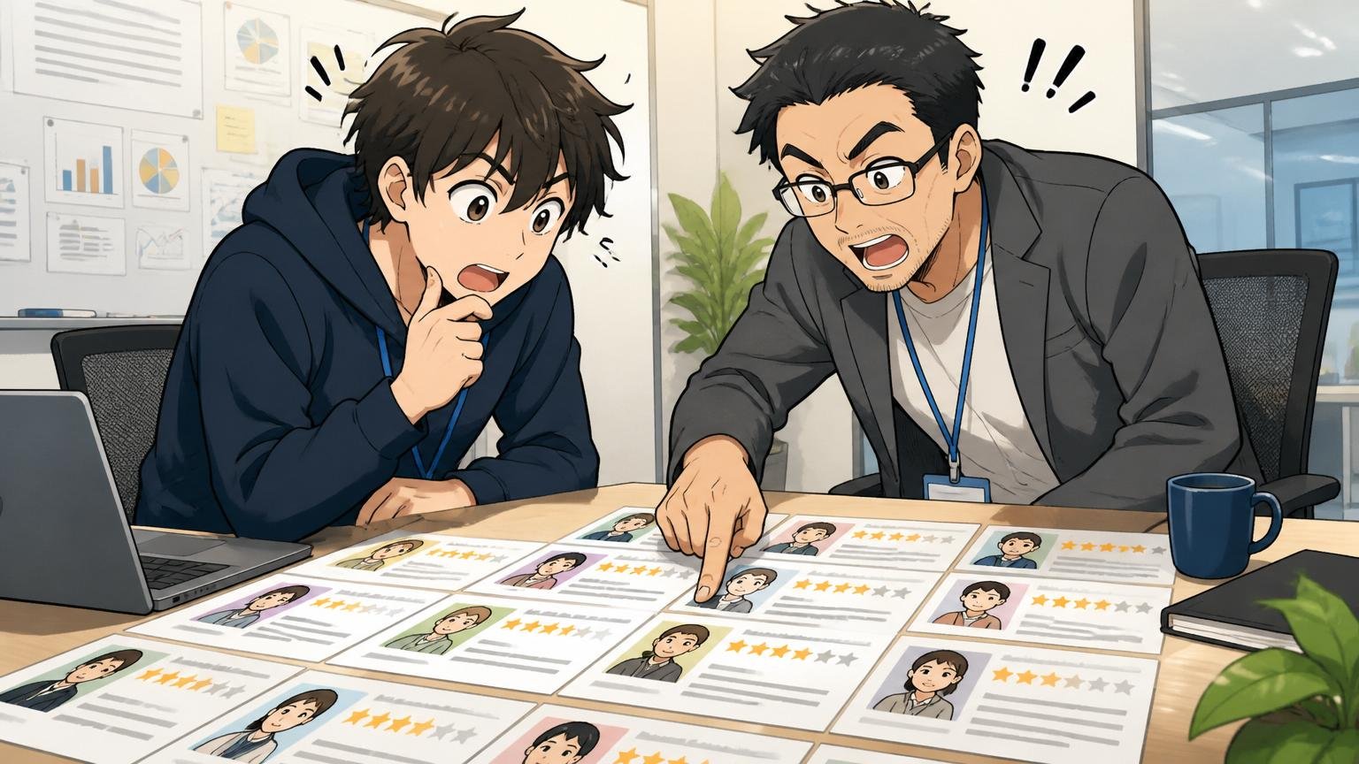Y&I Groupの口コミを並べて読み比べる若手エンジニアと先輩エンジニアの会議室シーン