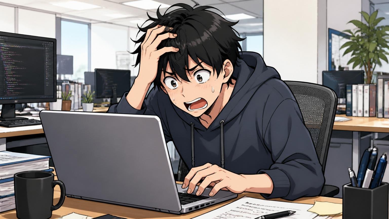「フリークアウト やばい」と検索する人の温度感を映す、Web系企業のオフィスのデスクで悩むエンジニア1人