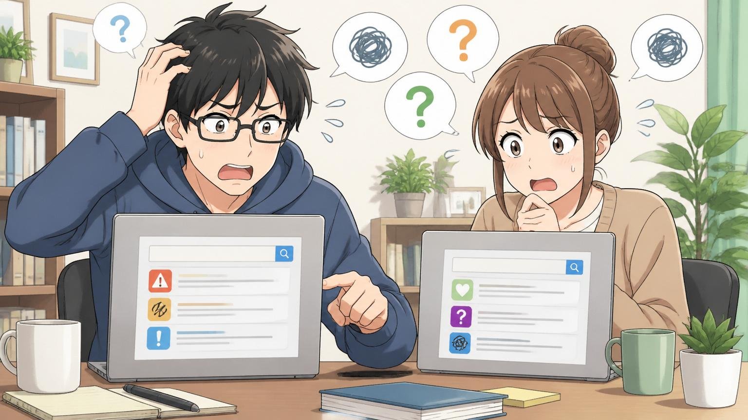 「やばい」の意味を整理するエンジニアたち、自宅のデスクで在宅勤務、男性1人女性1人、PCで検索画面を見比べて困惑する表情