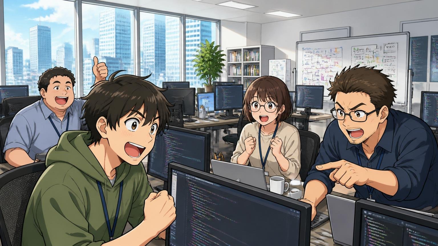 東証スタンダード上場のIT企業オフィスで複数のエンジニアがデスク作業する渋谷の高層ビル内部