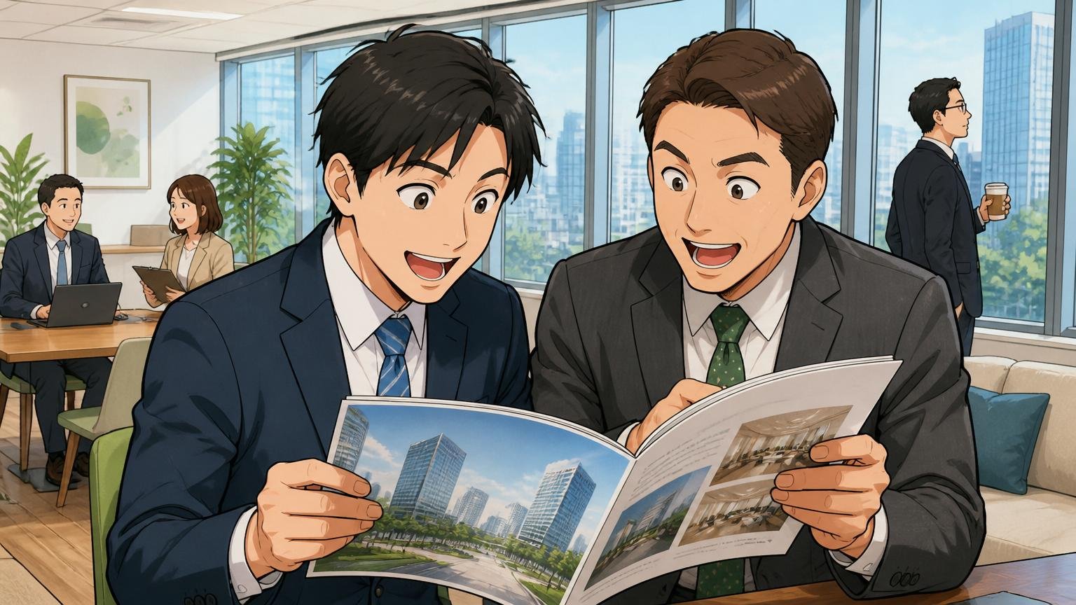 東京ミッドタウンのオフィスフロアで会社案内資料を見るスーツ姿の男性社員2人