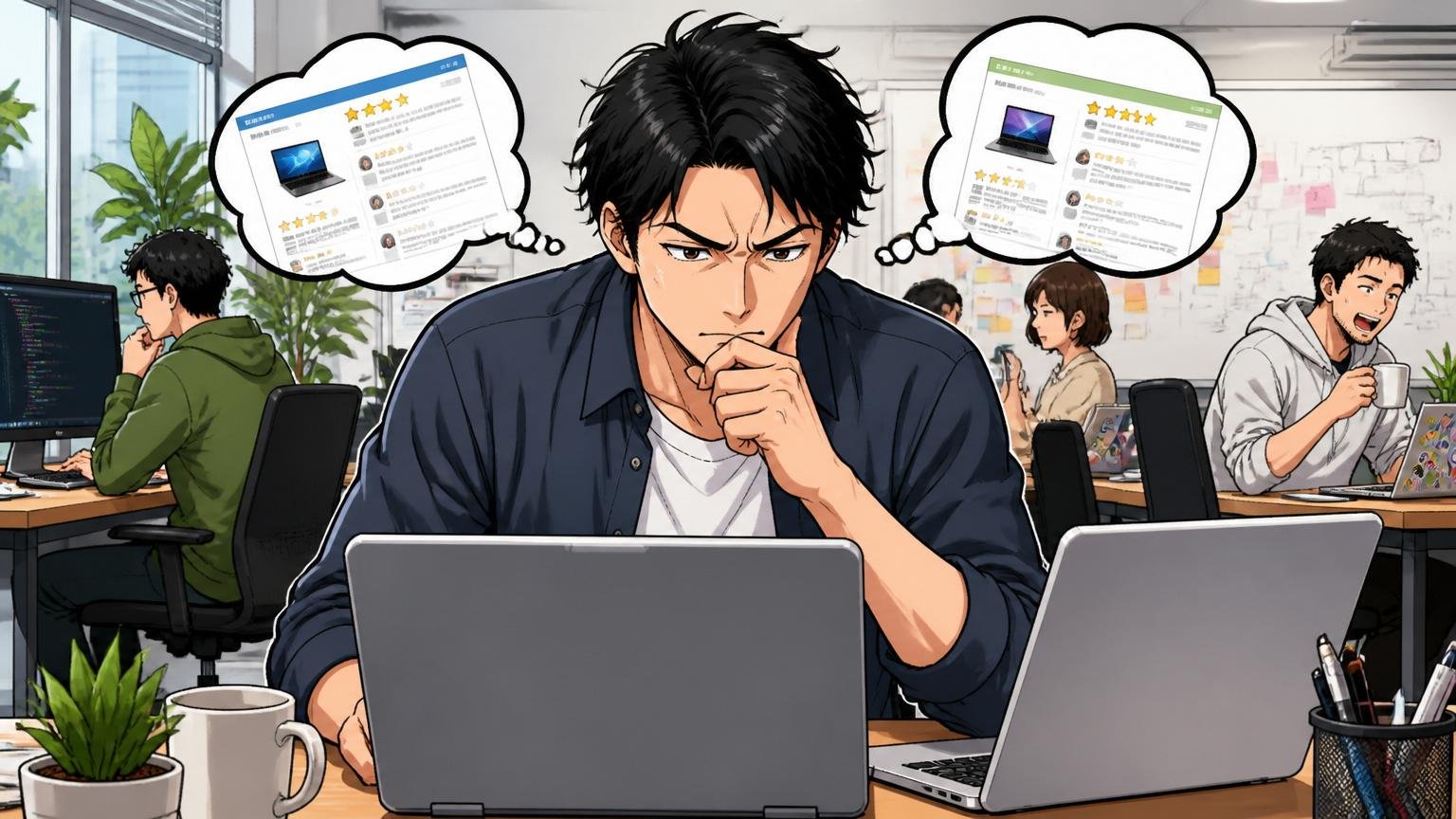 Web系スタートアップのオフィスで30代男性エンジニアが眉間にしわを寄せてノートPCの口コミサイトを見比べている