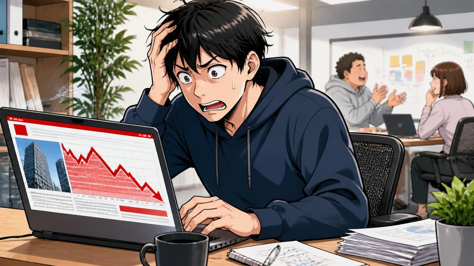 Web系スタートアップのオフィスで男性エンジニア1人がPC画面の赤字決算ニュースを見て困惑している