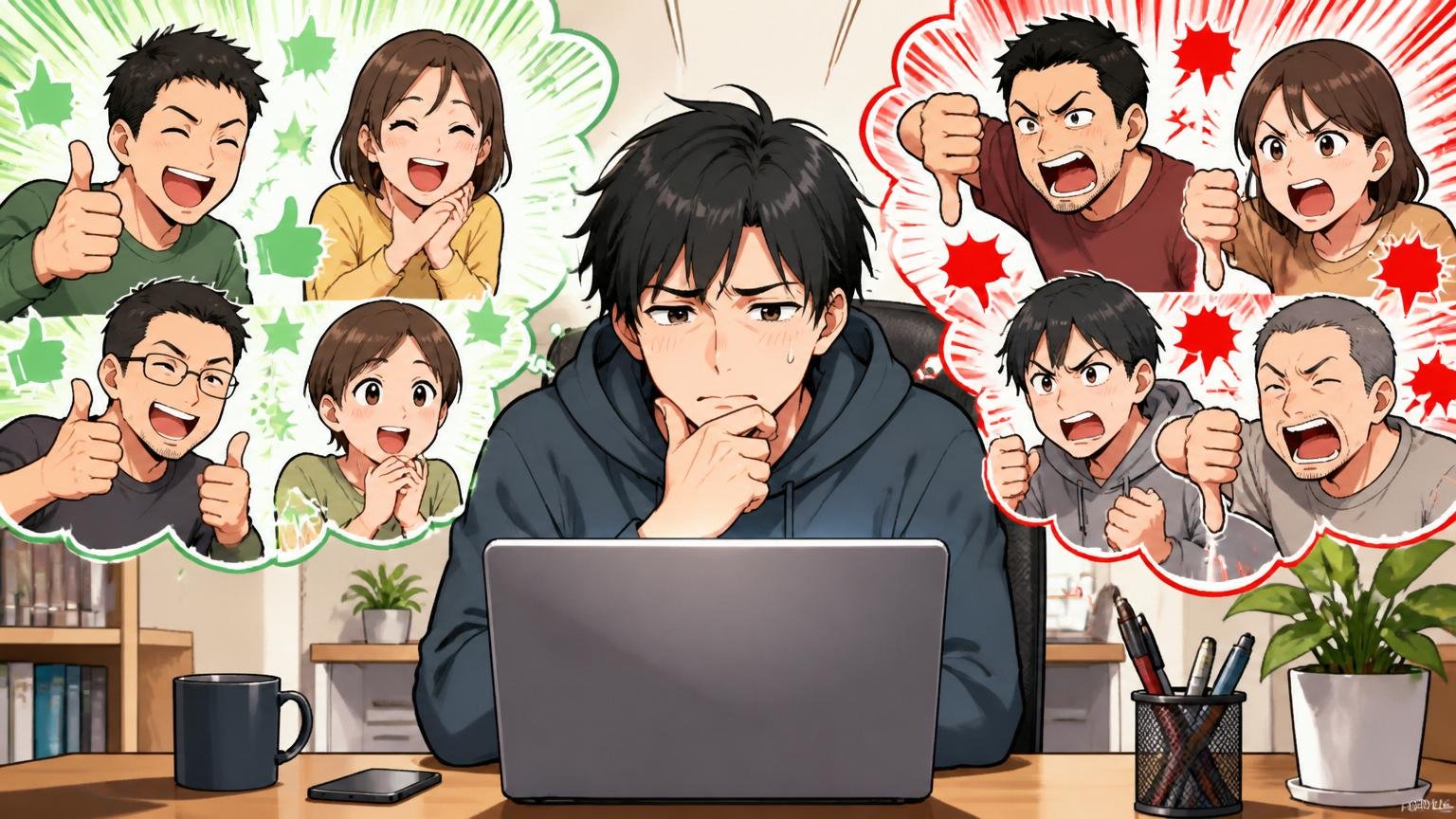 口コミ評価が二つに割れる、自宅のデスクで在宅勤務するエンジニア1人がパソコン画面の前で悩む表情