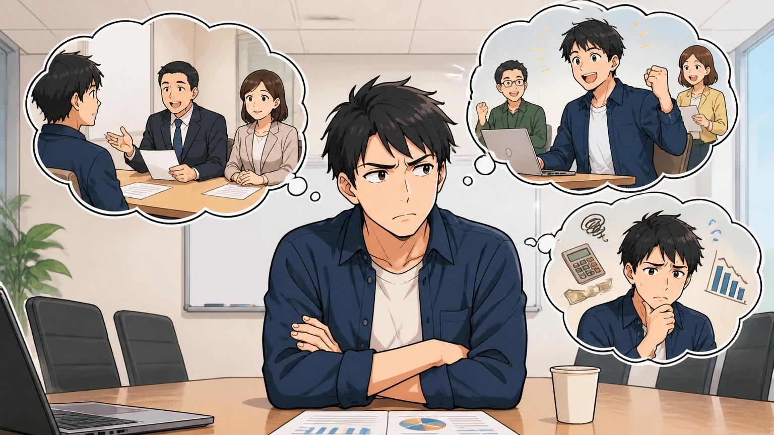 応募／内定検討中の人が知りたいこと、企業の会議室で面接後の決断、20代後半男性のエンジニア1人が腕を組んで悩む表情