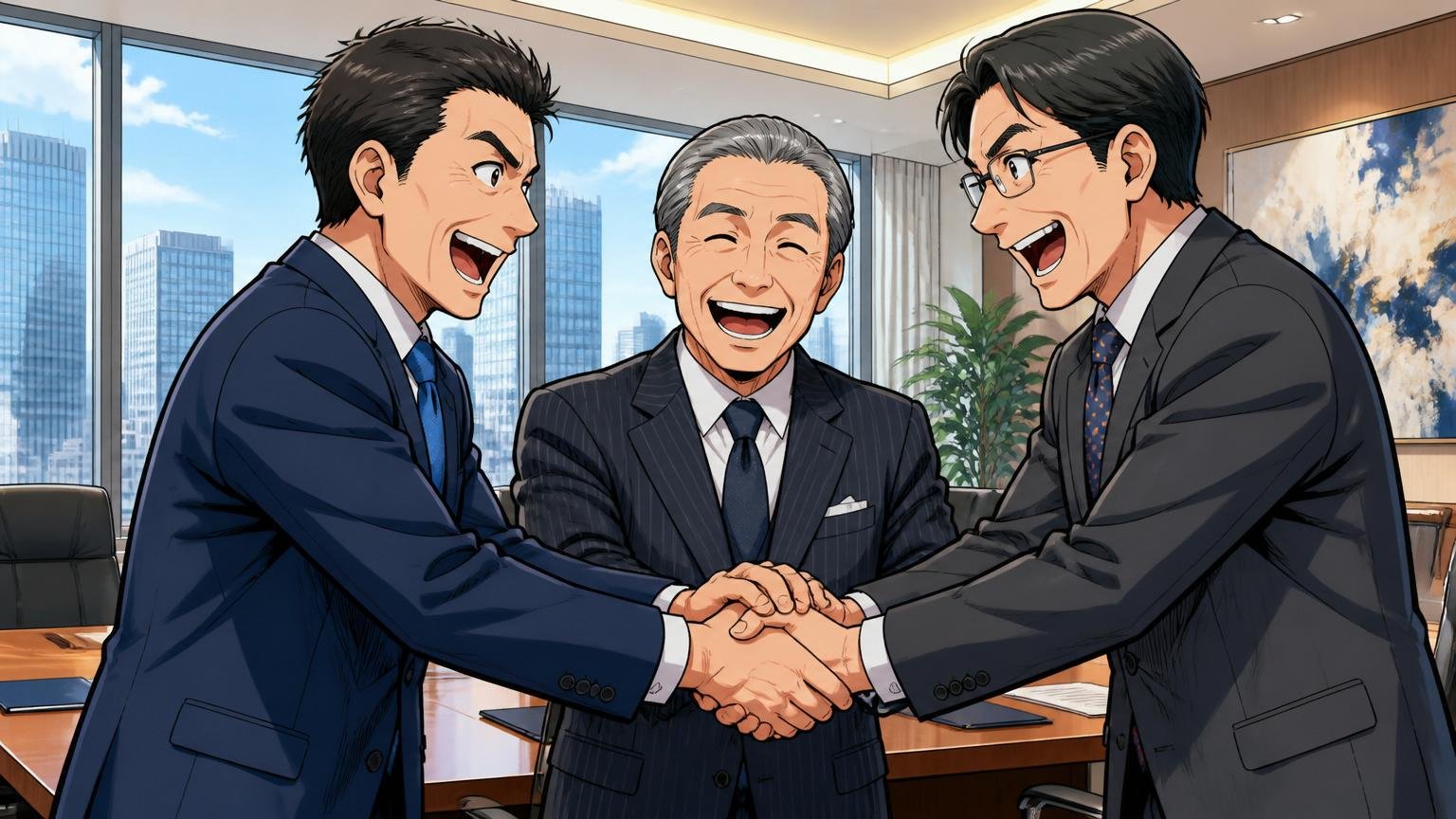 KDDI×三井物産の共同出資の裏側。大手通信企業の本社オフィスの会議室で経営層3人が握手するシーン