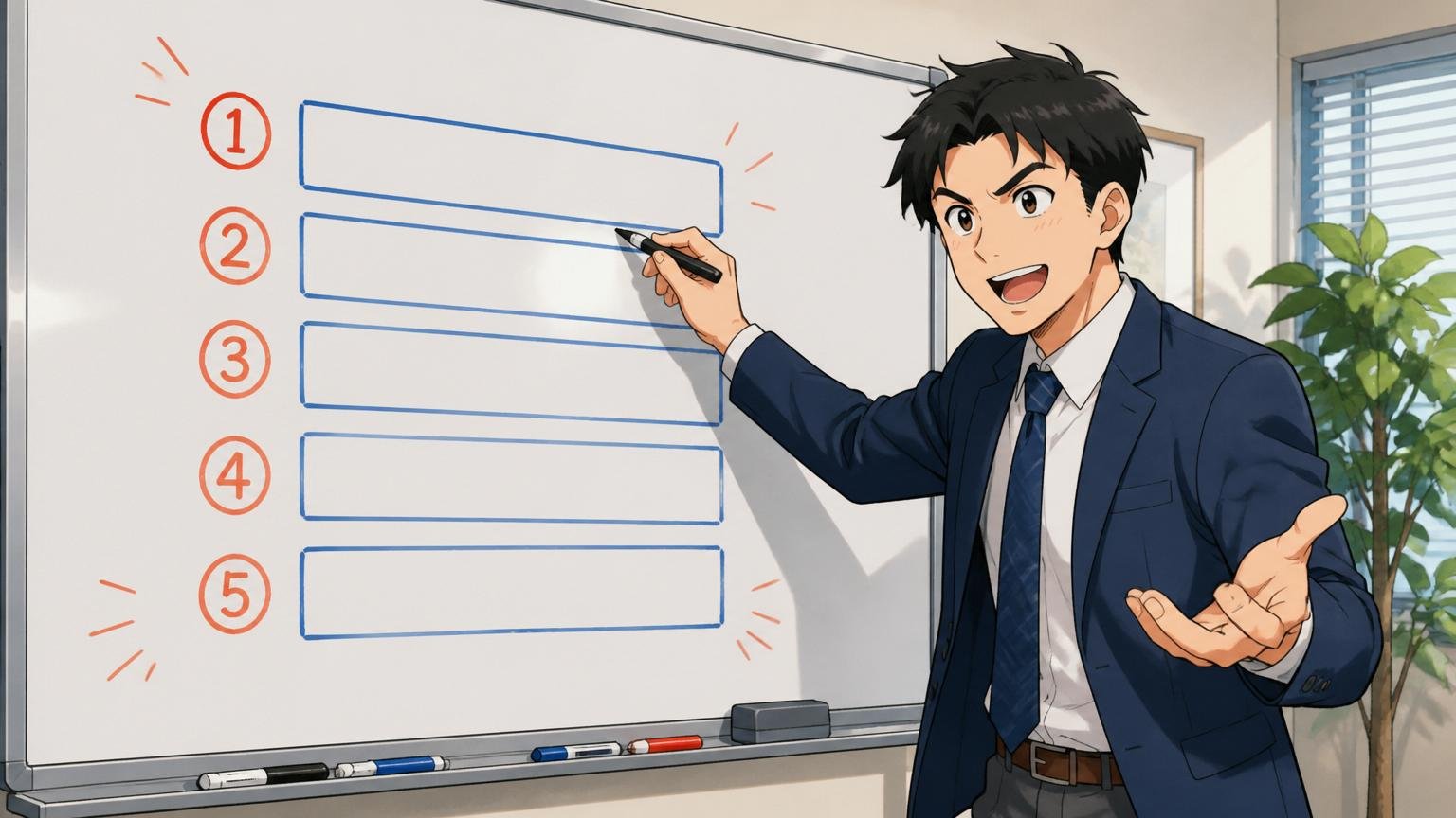 会議室のホワイトボードに5つの論点を書き出して整理するメンター役の男性社員1人