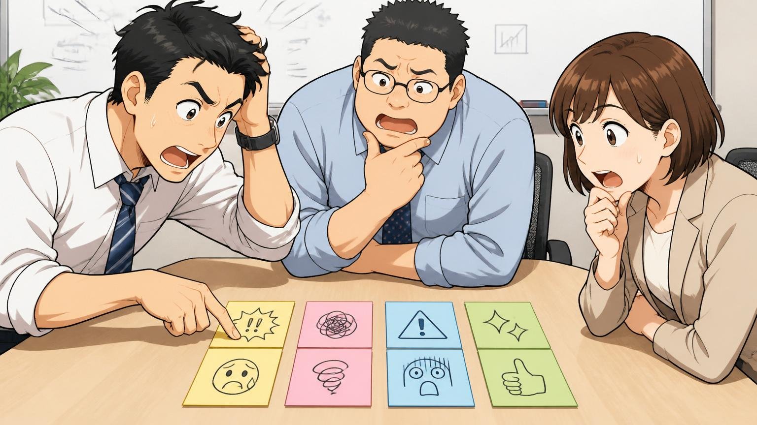 「やばい」には4つの意味が混在している|オフィス会議室で複数の付箋を並べて4つの意味を整理する3人のビジネスパーソン、戸惑いと納得が混じる表情