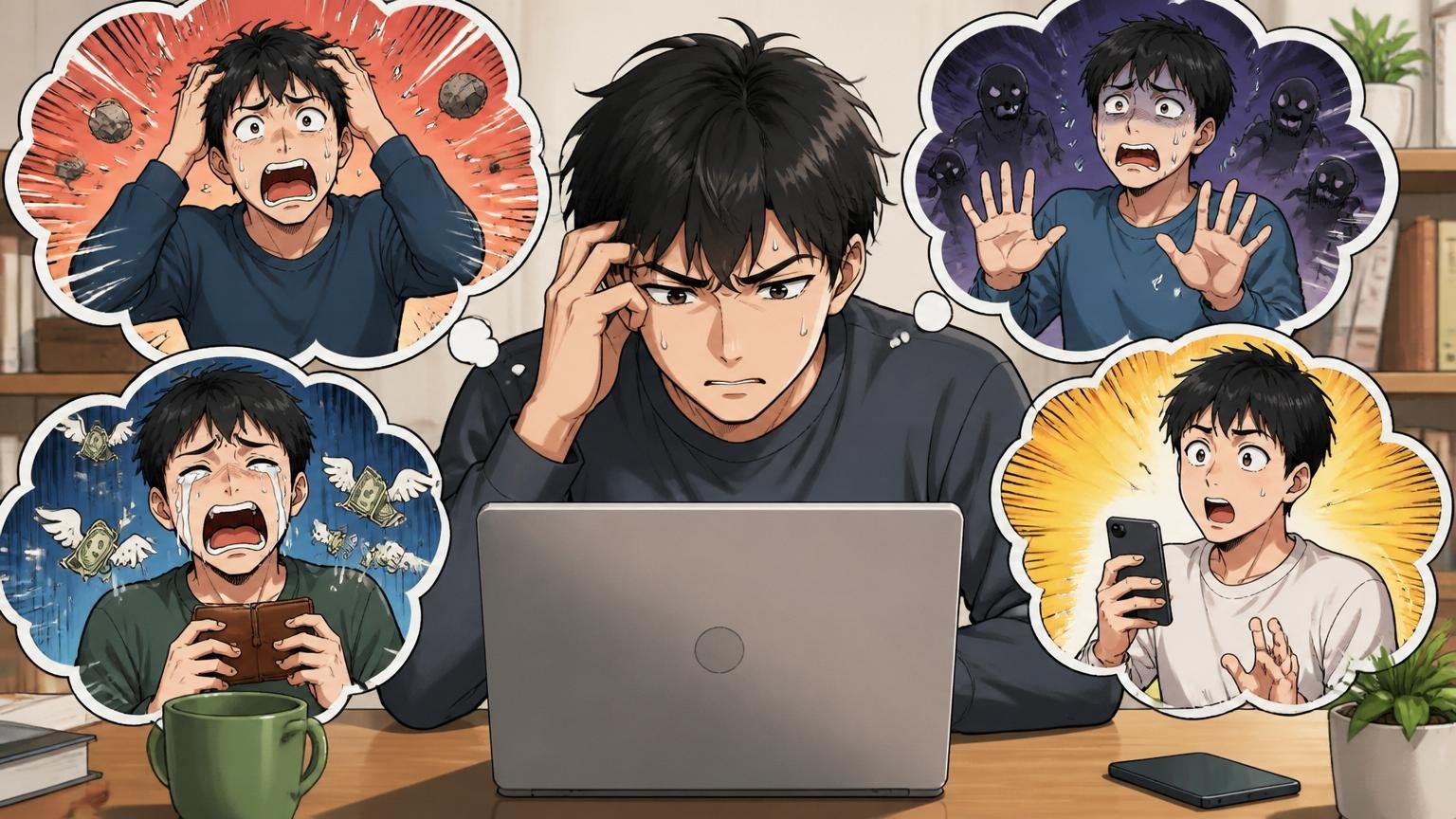 やばいと検索する人の4つの気持ち。自宅のデスクでノートPCを開く20代後半男性が眉間にしわを寄せる
