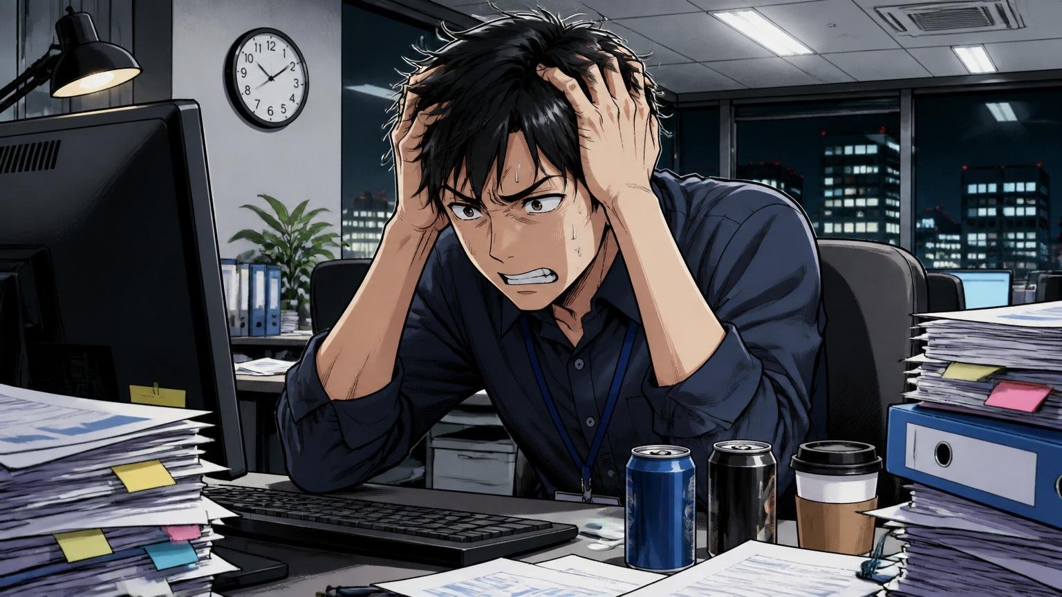 ブラック企業ではと夜のオフィスで眉をひそめる30代男性エンジニアが1人デスクの前で頭を抱える
