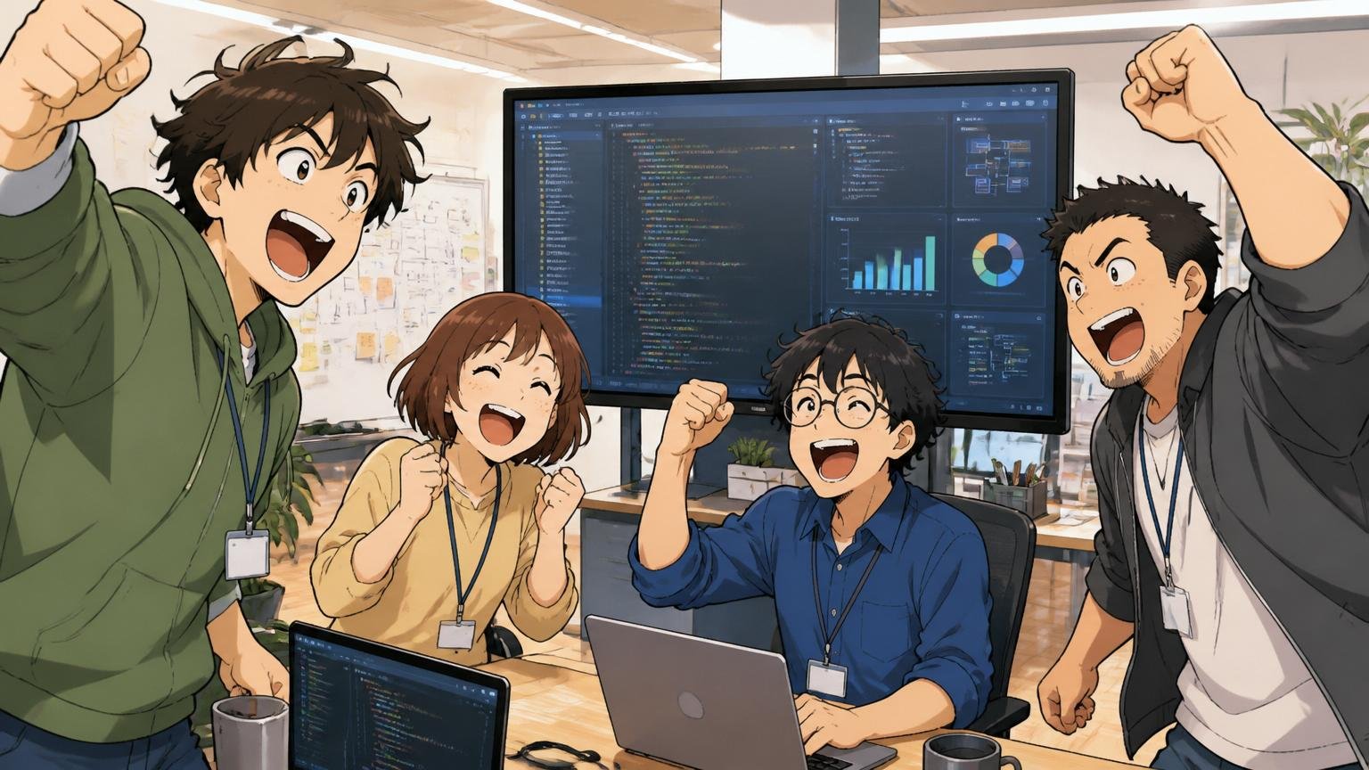 Web系スタートアップのオフィスで、若手と中堅エンジニア計4人が大型モニター前でガッツポーズを取って盛り上がる場面
